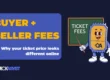 Illustration of buyer and seller ticket fees with a QuickAsyst mascot explaining why online ticket prices include additional buyer fees