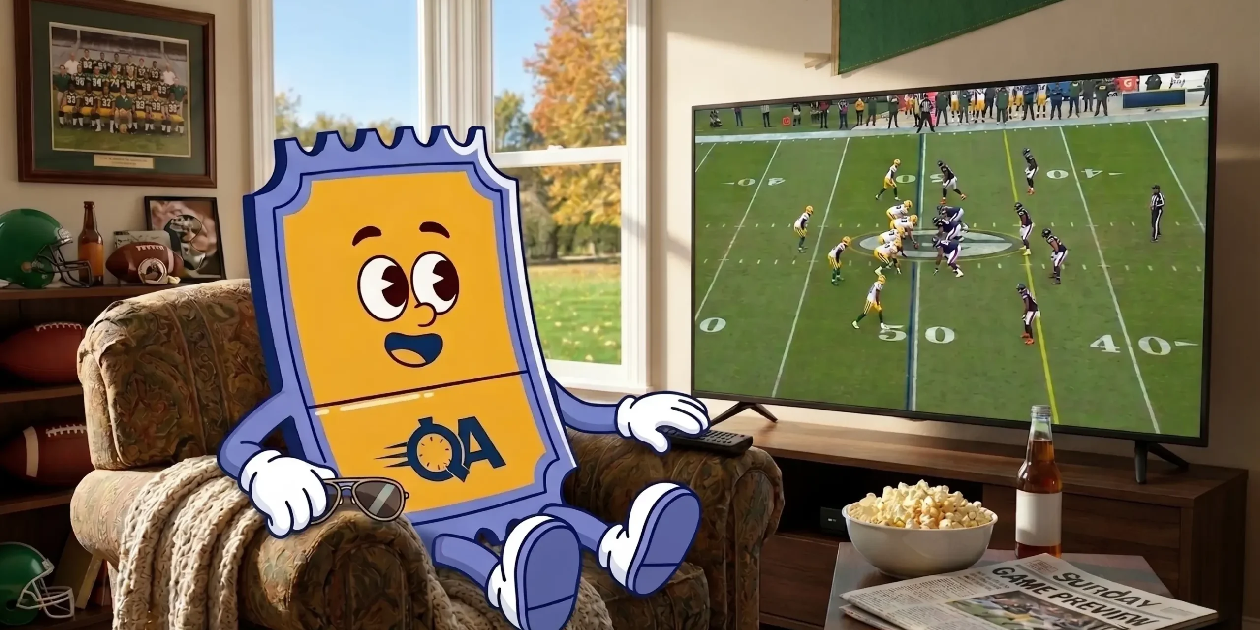Ticket mascot watching NFL Sunday Ticket at home, highlighting season ticket holder benefits debate