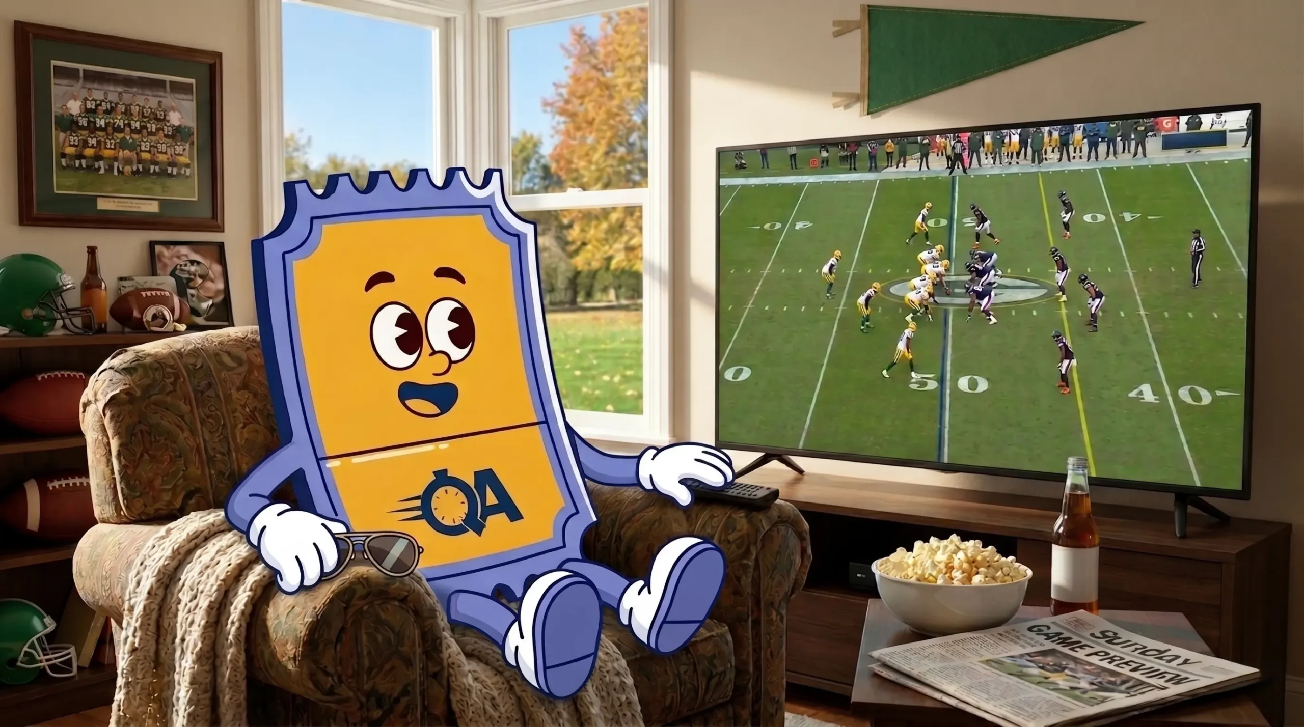 Ticket mascot watching NFL Sunday Ticket at home, highlighting season ticket holder benefits debate
