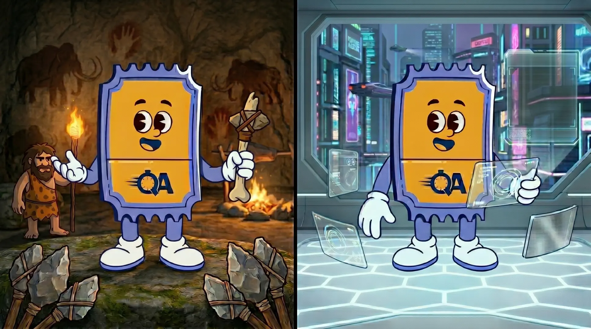 This a graphic of QuickAsyst's mascot (a ticket character) where he is highlighting the difference between the old way of ticket reselling on just one platform to a new way of ticket reselling on multiple platforms.